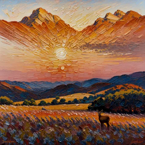 Handmade oil painting with impasto brushstrokes, dry brushing, revealing lower layers. A spectacular sunrise over an ancient mountain range, peaks bathed in fiery hues of red and gold, deep blue shadows stretching across misty valleys, with a lone deer sta...