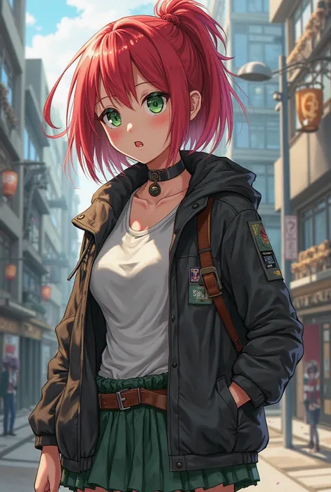 Stylish girl from Boku no Hero Academy with red hair and green eyes standing in front in surprise 