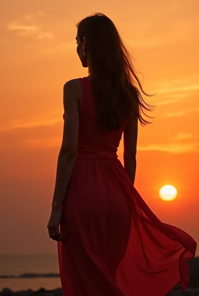 Generate an image of a girl , whose back is only visible with her hair open , et qui porte une robe 👗 et elle est regarde le coucher de soleil mais on ne voit pas son visage on voit juste ses mains et quel porte une bague etincellante