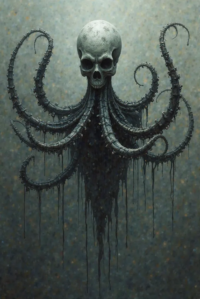 Octopus formed from bone, on a dark greyish background, Dripping ink from their bodies