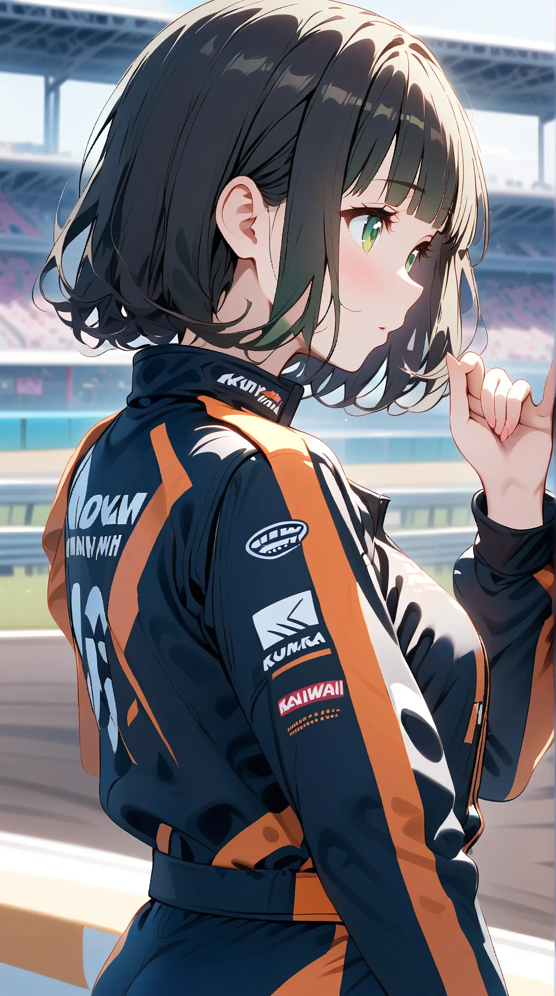 {{from side,upper body,looking away}},{{solo girl}},(green eyes:1.2),(black hair:1.2),bob cut,wavy hair,blunt bangs,black racing suit,standing,{{{masterpiece}}},{{{top quality}}},{{{anatomically correct}}},{{4K resolution}}.detailed eyes,detailed fingers,s...