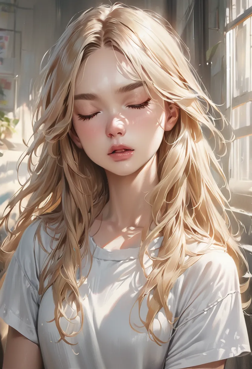 1girl, solo, closed_eyes, realistic, blonde_hair, photorealistic, shirt, white_shirt, long_hair