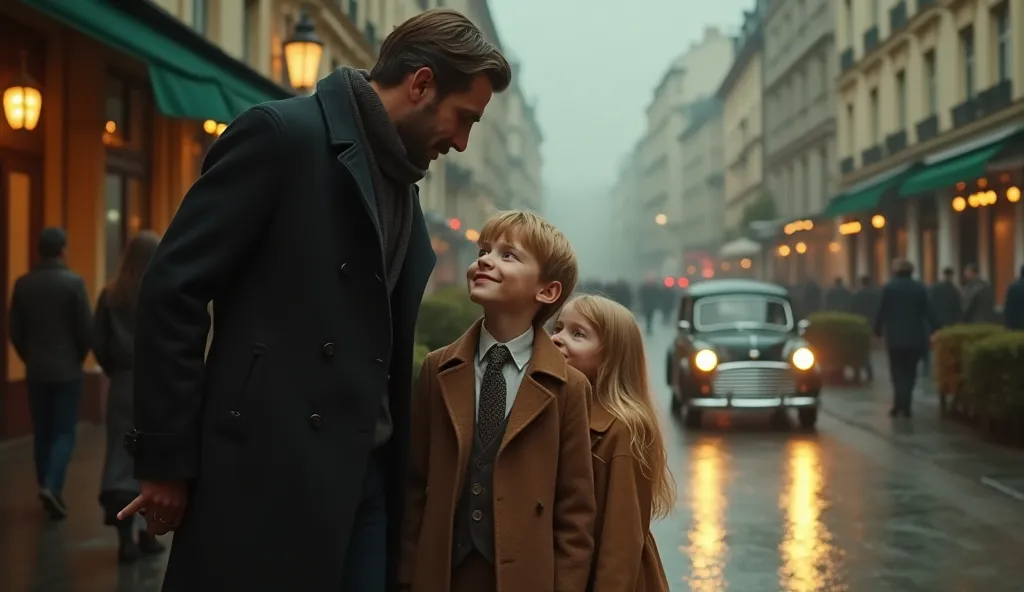 "A cinematic, vintage-style scene of a man and two ren standing on a wet European city street in autumn. The man is wearing a long overcoat and has a protective expression while looking at the boy, who is dressed in a brown coat and a tie. The young girl, ...