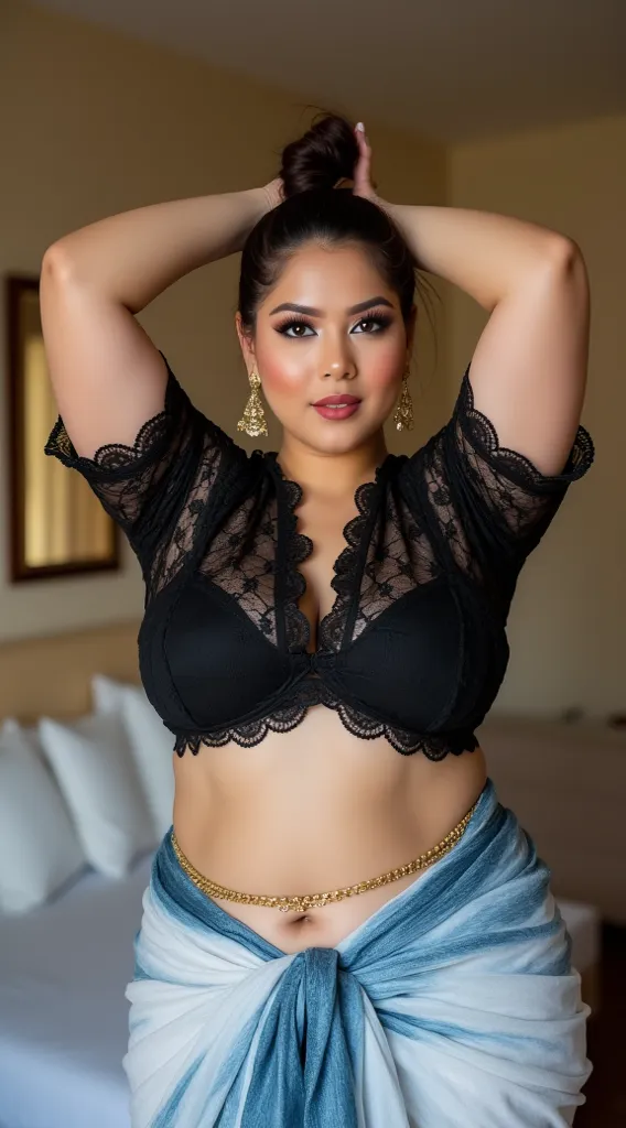 Busty woman, wearing black laceblouse and white and blue shade saree, exposing curvy midriff and navel,wearing thin gold waist chain,hair bun,both hands above head joined,black thick eyelashes and eyeliners,curvy and thick body, inside bedroom 