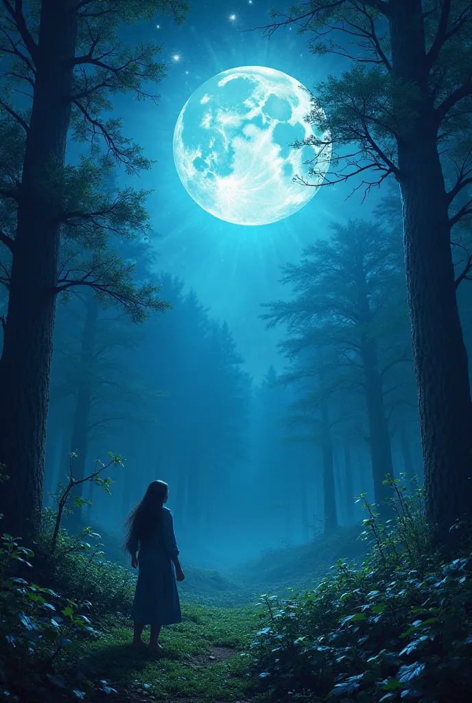 A shining blue moon in the middle of a forest 