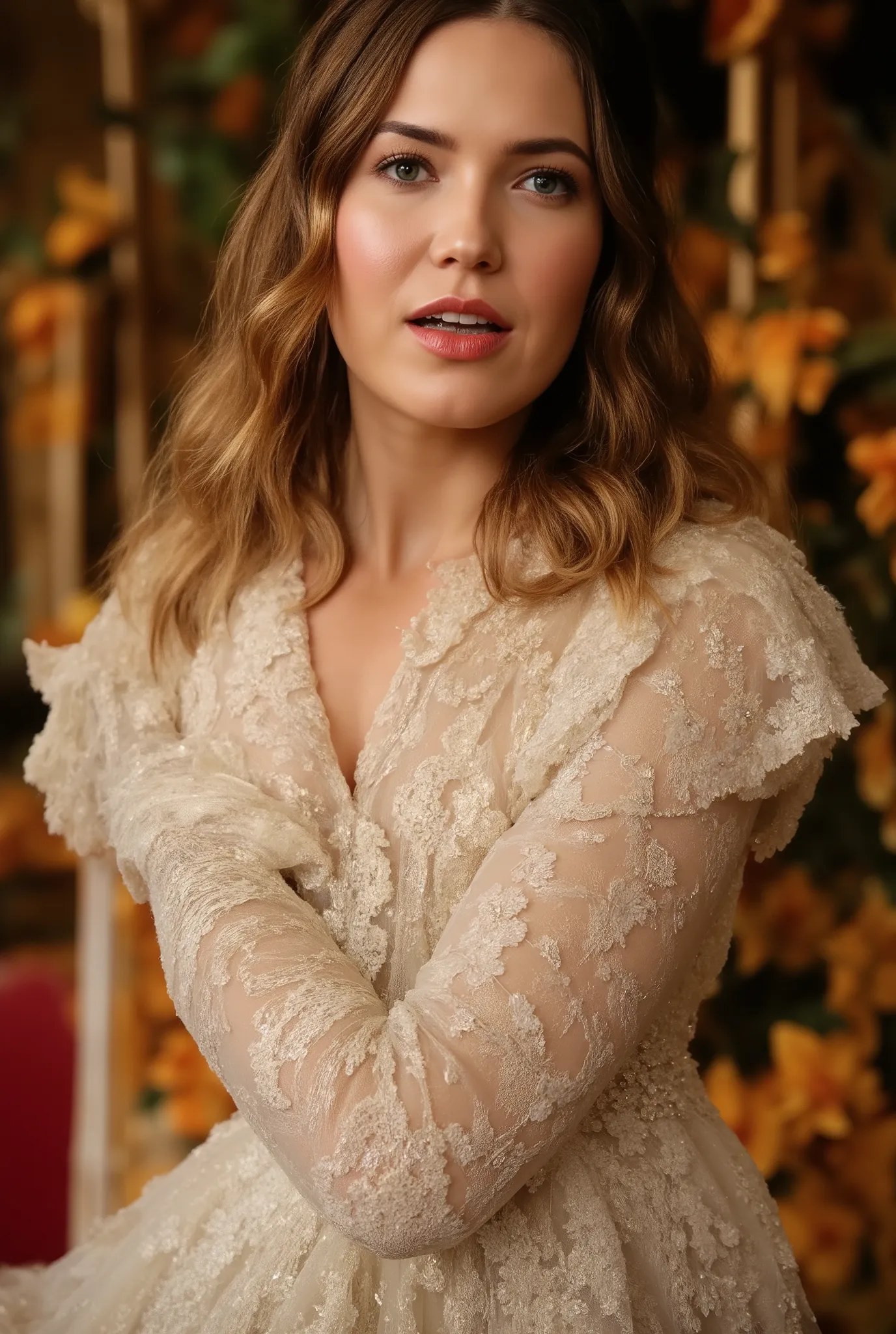 best quality, highres, 8k, masterpiece, photography, detailed midbody photorealistic portrait. Mandy Moore evokes the grandeur of Vienna in a pearl white satin gown with intricate lace bodice detailing, paired with a sheer lace train and elegant pearl-embe...