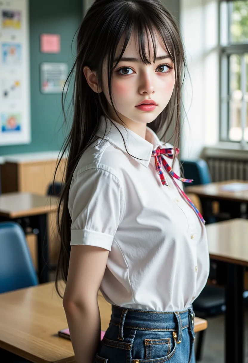 full body image of a slender high school girl with straight dark hair standing in the classroom、She has white skin with natural makeup