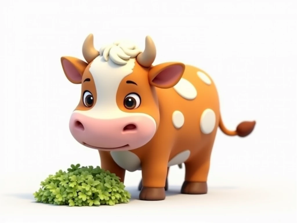 brown cow with white spots eating white background 3d cartoon  