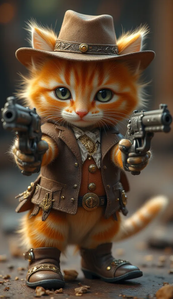 an anthropomorphic baby little cat orange stripes salamander, dressed in old western style clothing, cowboy hat, brown vest, boots with golden spurs, is pointing two guns towards the camera
