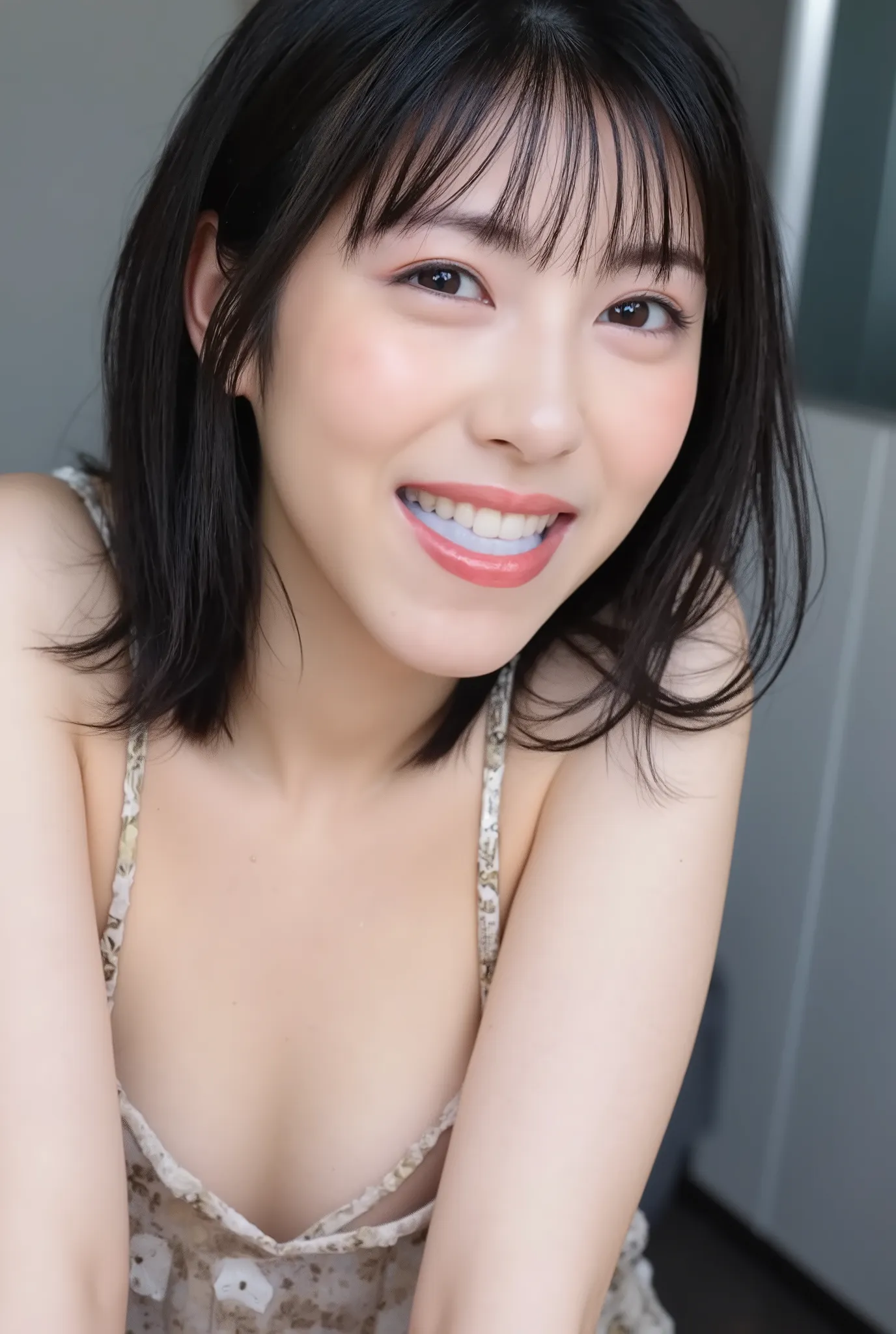 young Japanese woman posing for a gravure shoot, photorealistic,  masterpiece, great quality, intricate details,  professional lighting, alone, 1 girl , detailed face, mesmerizing faces even in the eyes, ( white semen in my mouth ,   open your mouth  :1.4)...