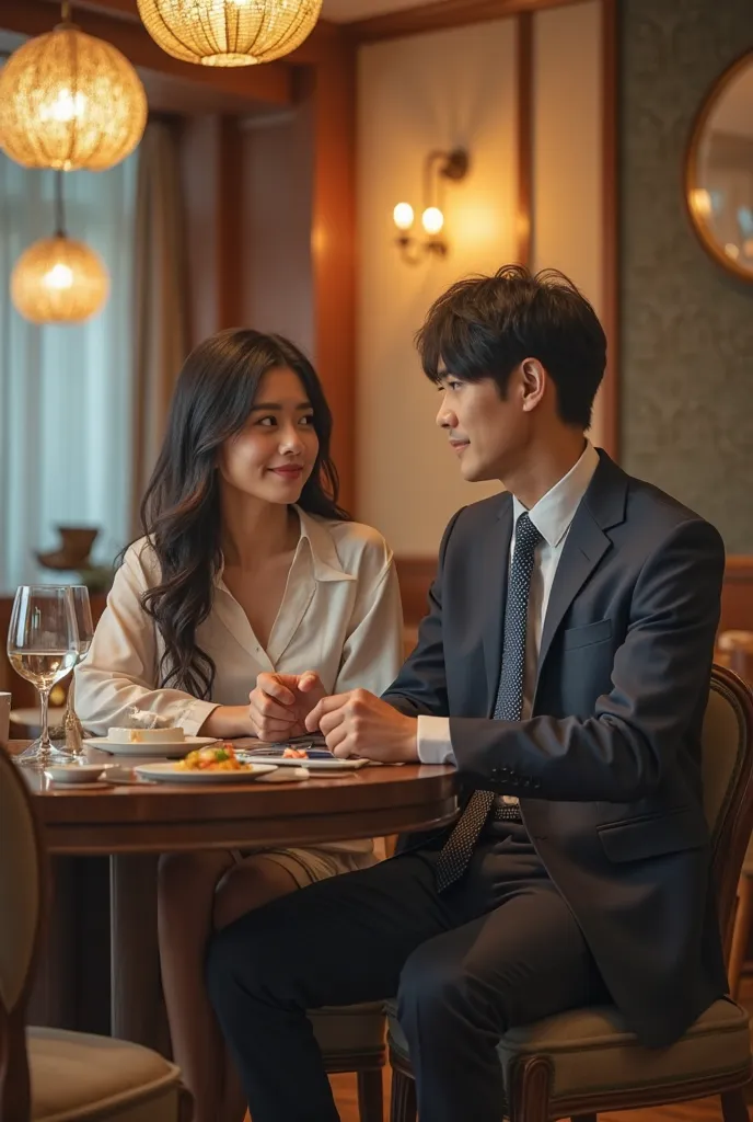 a beautiful Korean woman with a graceful and innocent face, long hair, wearing casual Korean style clothes, sitting opposite each other in a luxury restaurant, with a 30 year old man, with a handsome Korean face and tall body, wearing neat office work clot...