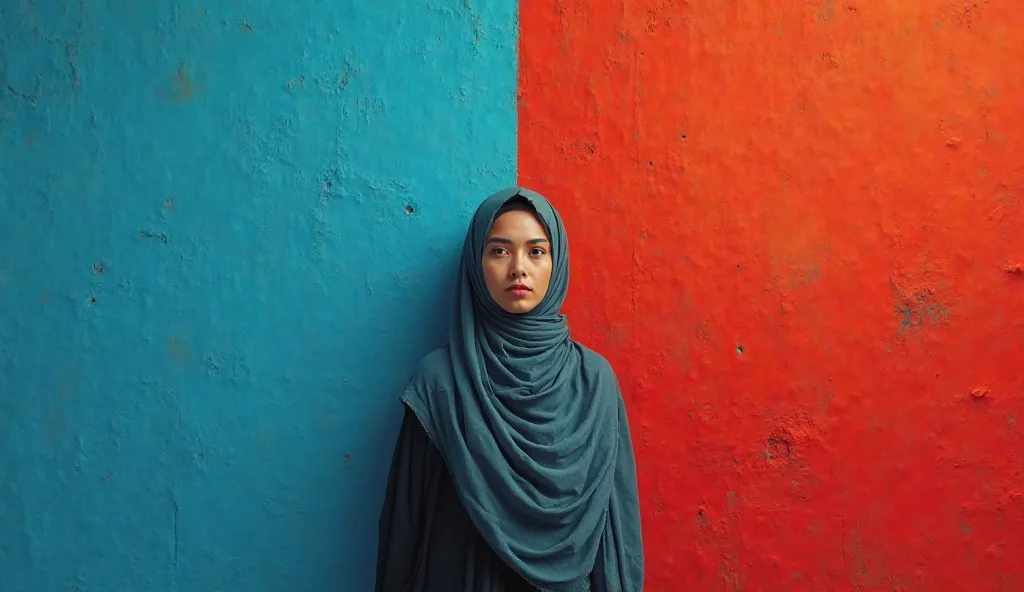 A simple hijab woman has walls behind her that are divided into two different colors. The right color is red and the left color is blue 