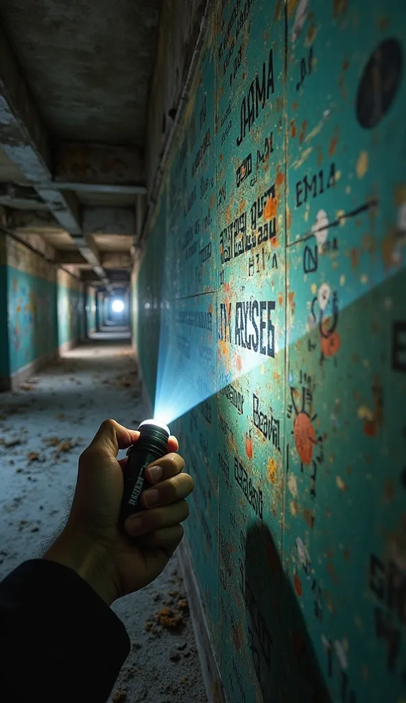 A hyper-realistic first-person view of a graffiti wall, with hands holding a flashlight, in the environment of an abandoned city with faded messages, modern vestiges, with artificial flashlight, sense of intrigue, details such as wall texture and dust, cin...