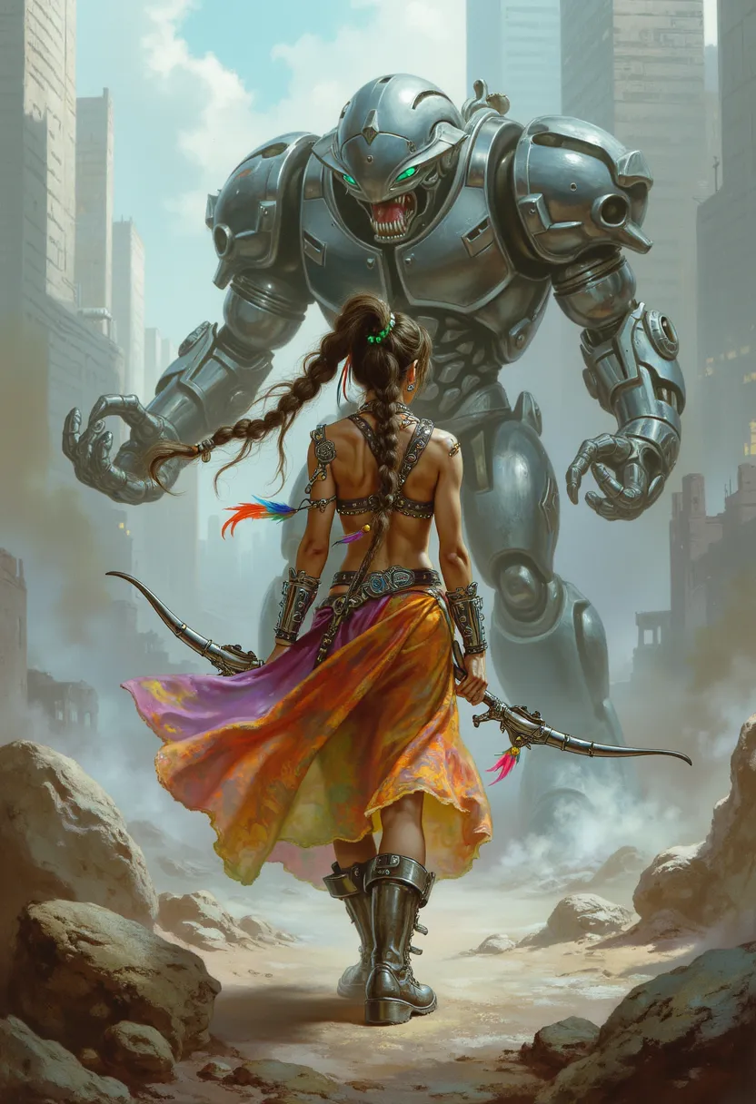 A fearless young woman stands against war, determined to bring peace by defeating colossal, animal-like robots in a post-apocalyptic world. She wears a unique fusion of hippie and cyberpunk fashion—flowing, colorful fabrics mixed with high-tech armor and n...