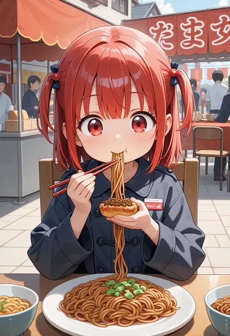 masterpiece, best quality, amazing quality, very aesthetic, absurdres, cute face, slender, detailed eyes, detailed hair, 
BREAK 
1girl,real skin,very cute face,tareme,loli,
BREAK 
eating,Yakisoba,chopsticks,(wearing workman's livery coat:1.0,red tone),sitt...