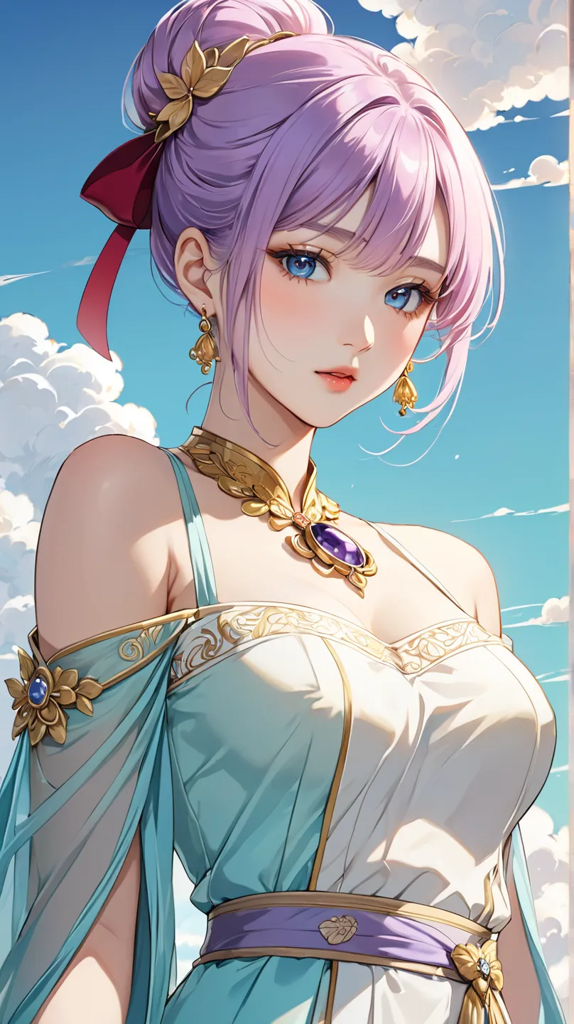 (Various:1.2)(body slim:1.2)(up close:1.2)A young, light-skinned female anime character, approximately 18 years old, with long, flowing, light purple hair styled in a high bun, adorned with golden decorative elements.  She has striking, bright blue eyes an...