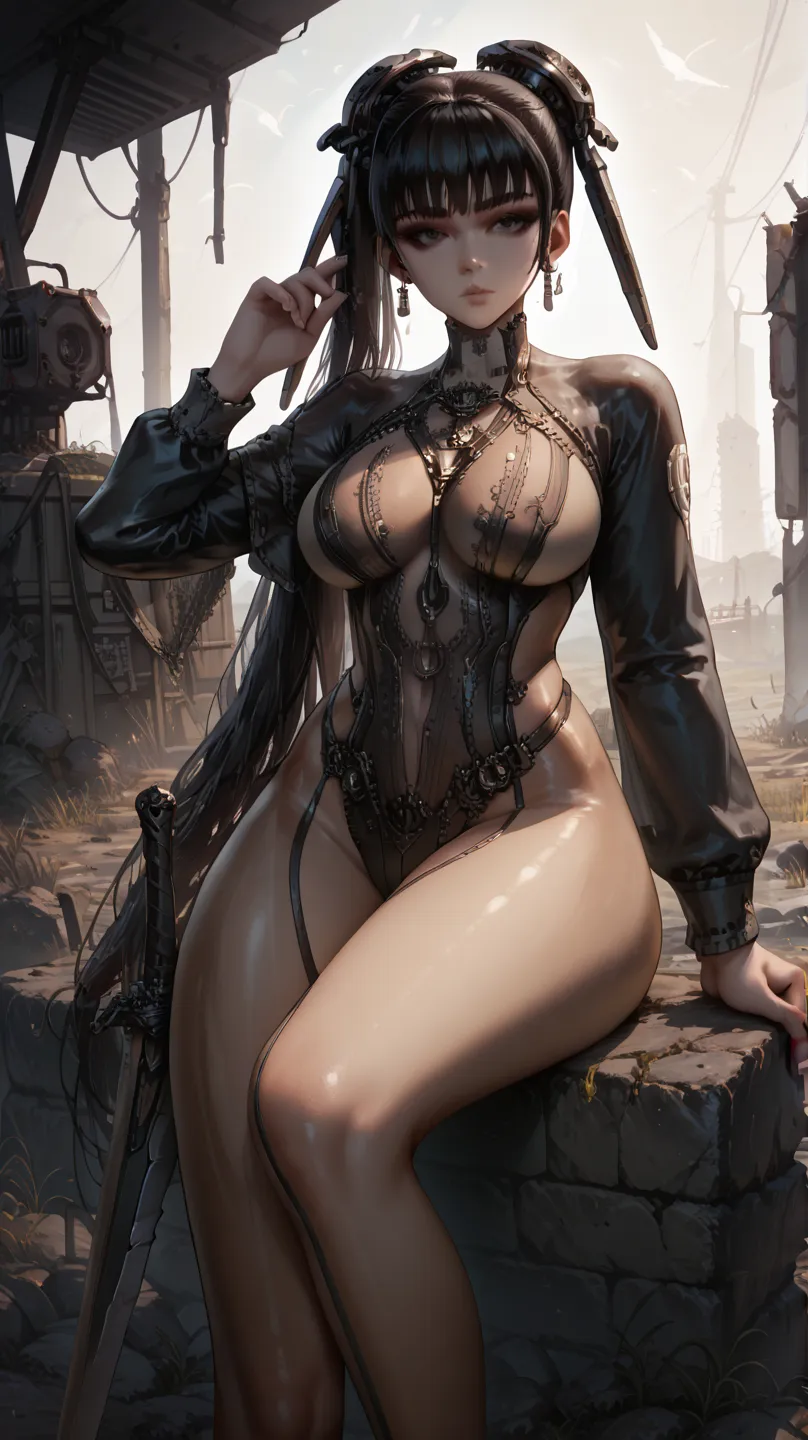   Sexy eve de stellar blade, UHD, cabello largo, black hair, with bangs, big breasts, very fitted black suit,  on a wasteland,  sitting on a rock , legs spread,  with a highly detailed sword ,