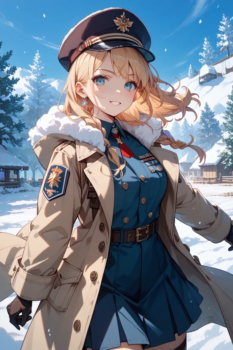 female、winter、snow、uniform、trench coat、battlefield