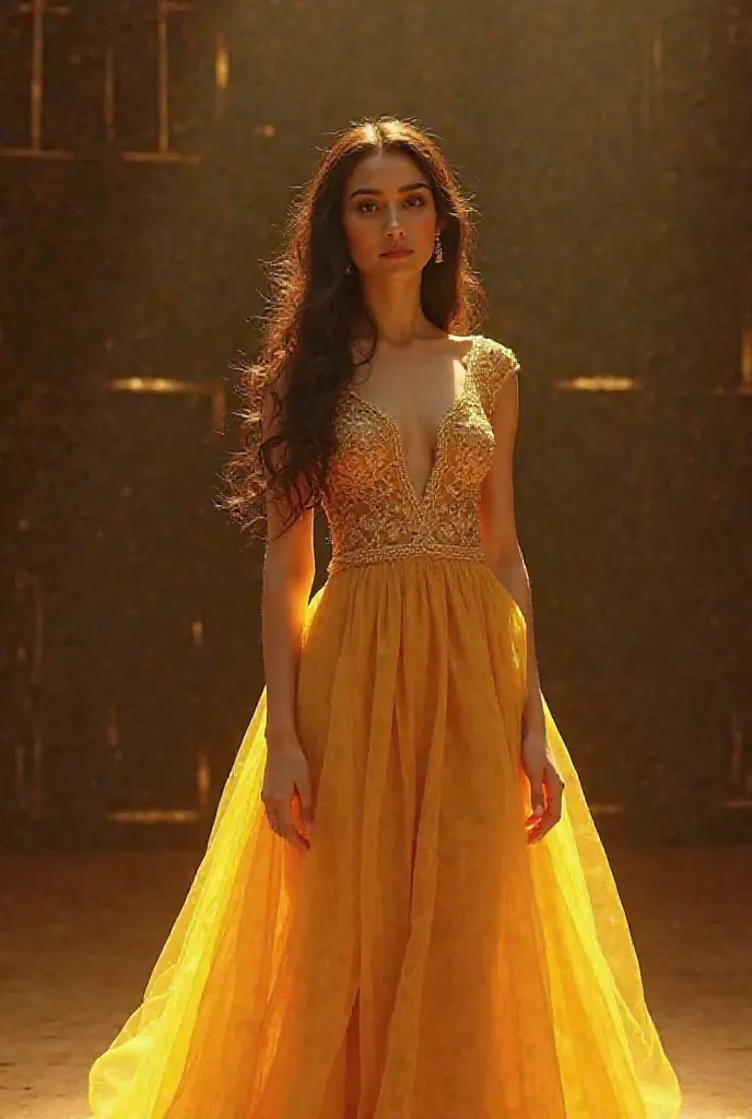 A picture of a  girl wearing a yellow camel dress. I have a theatrical performance. The girl Haya Wadha Al-Ayoub 