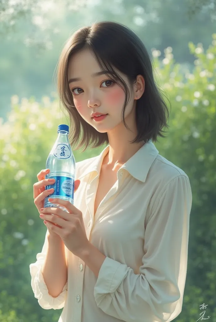 Matsuda Yoshika holding mineral water