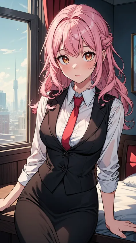 ((masterpiece, best quality:1.3, high detail)), ((1girl)), (((beautiful woman))), (stewardess), bright brown eyes, (long wavy hair), (pink hair), hairpin, (white collar shirt vest, red tie, blazer), black pencil (skirt), medium knee skirt, slim body, hotel...