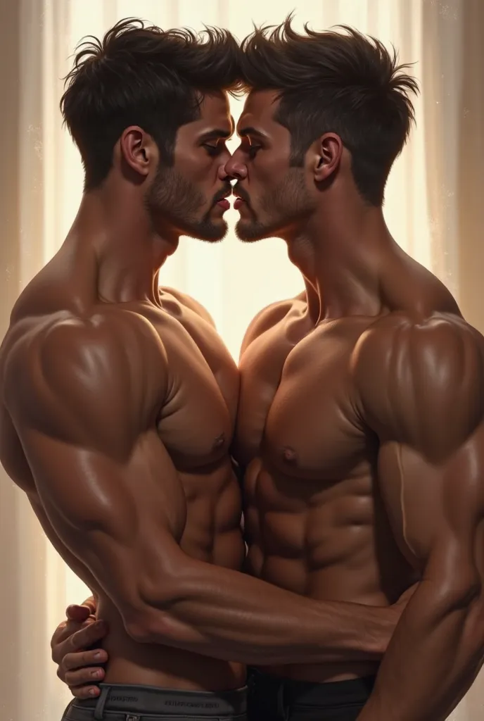 Two sexy handsome muscle boys kissing each other