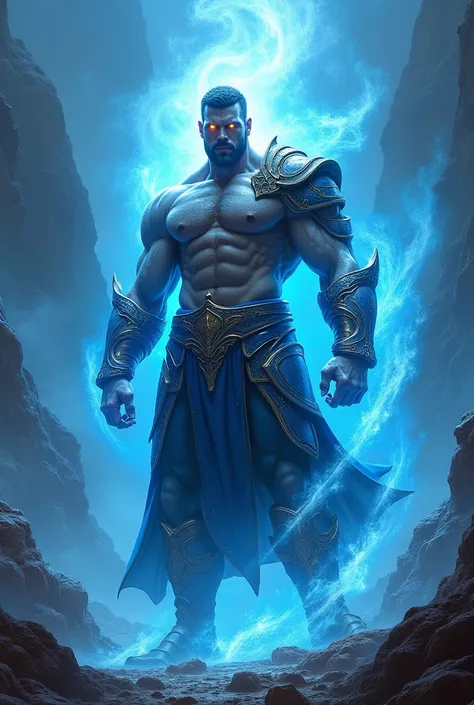 Do a human.He is a warrior. The strongest.full of muscle. With Blue aura