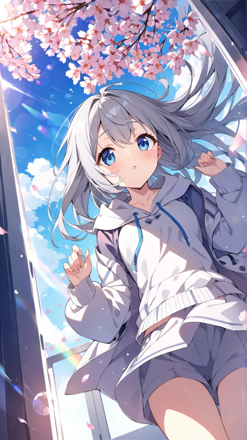 my room、Blue sky seen from the window、cherry blossoms、cherry blossoms吹雪、solo, 1 girl, blue eyes, Grey Hair、hoodie、Culottes、in bed looking up at the sky、composition looking up from below、How hair flutters in the wind、dutch angle, lens flare, glitter effect,...