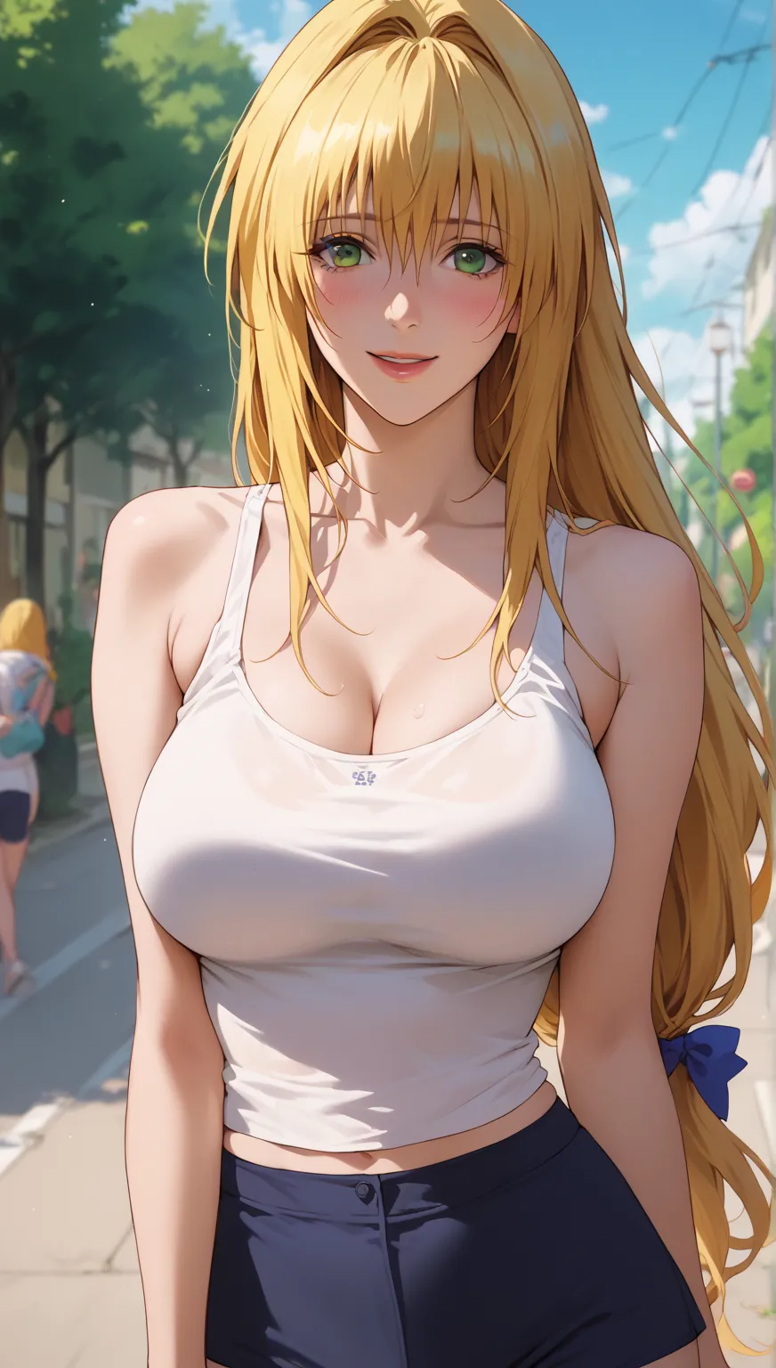 Score_9, Score_8_up, Score_7_up, Score_6_up, Score_5_up, Score_4_up, masterpiece,Tearju Lunatique, hourglass figure, tearjuelunatique,  large bust, soft and radiant skin, yellow blonde hair, gentle and inviting smile, wearing a tight white tank top and lig...