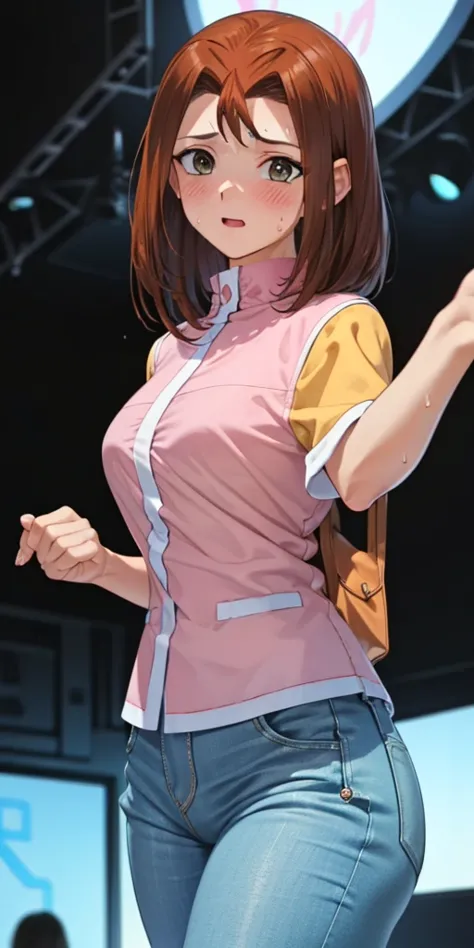   1 female, high definition, high resolution,   Ultra-realistic   ,8K,serenidaddm  ,   gray eyes, cabello largo,  brown hair,     pink shirt  ,  blue pants,European,sexy, foreground of the upper torso,  Photographed from the front ,  Dynamic Angles  ,blush...