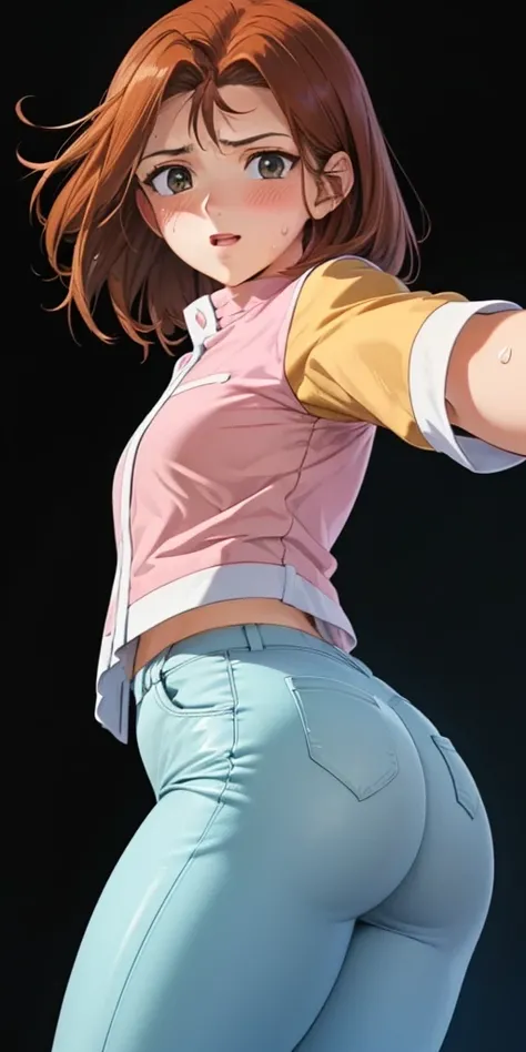   1 female, high definition, high resolution,   Ultra-realistic   ,8K,serenidaddm  ,   gray eyes, cabello largo,  brown hair,     pink shirt  ,  blue pants,European,sexy, foreground of the upper torso,  Photographed from the front ,  Dynamic Angles  ,blush...