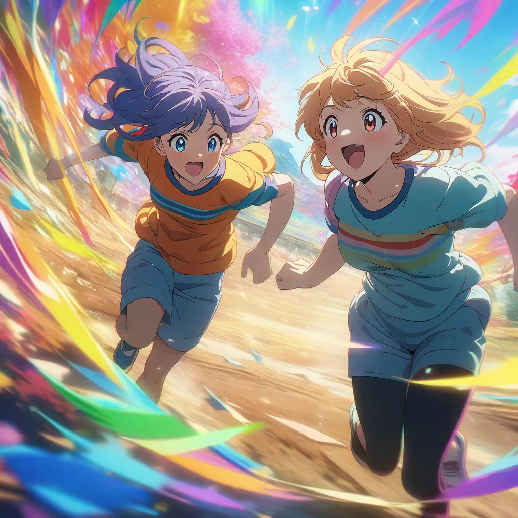 the power of friendship, anime style, heartfelt bonding of friends, excited expression, running together, cinematic composition, vibrant colors, colorful background, 4k, High Details, High Quality, Best Quality, 