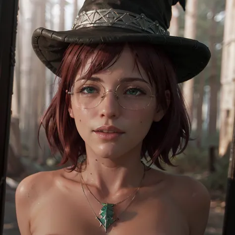 (close-up, face:1.6). short player, (red hair:1.6), (green eyes:1.6), (Metal-framed diopter glasses:1.4), (necklace:1.4), (witch hat:1.6), ( nude:1.6), ( smile:1.2) girl  (Stands against the backdrop of a forest:1.6). ( Masterpiece , top quality shirt, bet...