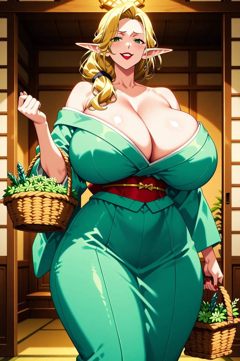 Mature female elf ,  Elf Ears, Mature Woman, blond hair, hair tied, green eyes, (Pretty Eyes), evil expression, red lipstick, evil smile, giant breasts e pesos, seios flácidos de Mature Woman, large breasts, huge breasts, ( kimono), ultrabody, huge breasts...