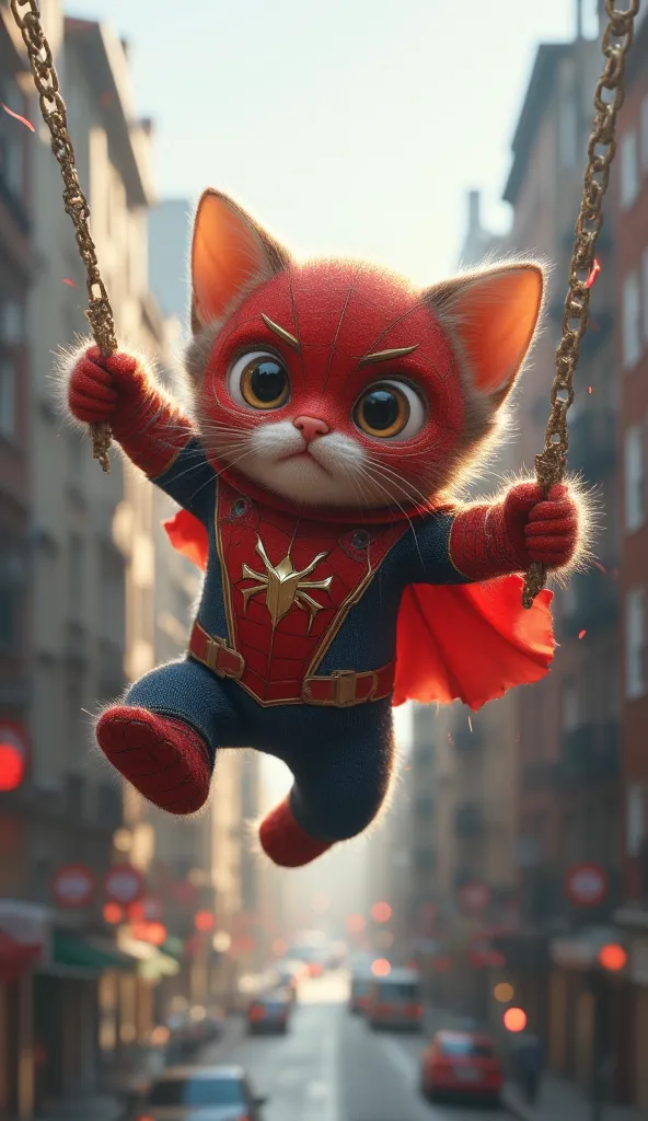 an anthropomorphic baby little cat wearing the complete superhero outfit of the scratch man, he hangs from a web that comes out of his wrist flying over buildings, city cars and buildings in the background
