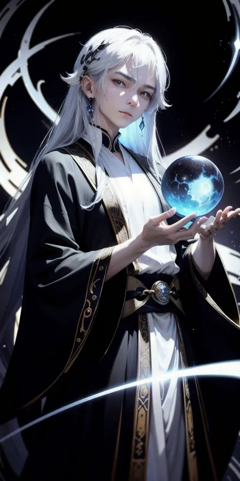 "a mysterious male fortune teller with an aura of dark power。and wears a flowing, intricate robe adorned with symbols of heaven and moon。with a soft white background、contrasts with his dark attire。his face oozes authority and wisdom、has bright eyes and a g...