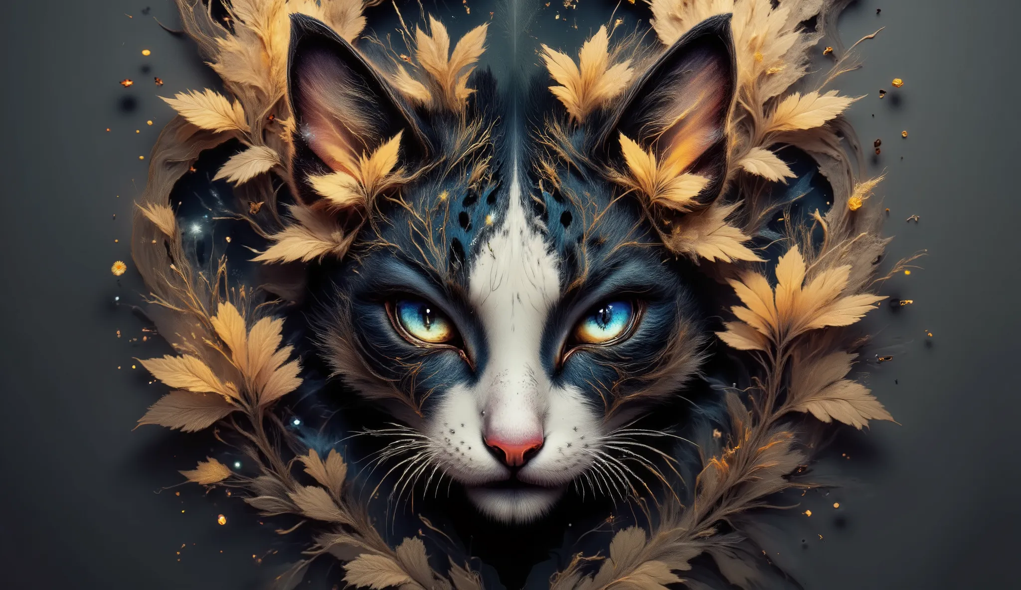 enchanting digital artwork of a cat face with striking blue eyes in a magical fantasy setting, vibrant palette of electric blue, molten gold and fiery orange creating a warm ethereal glow, abstract fluid patterns flowing organically throughout the composit...