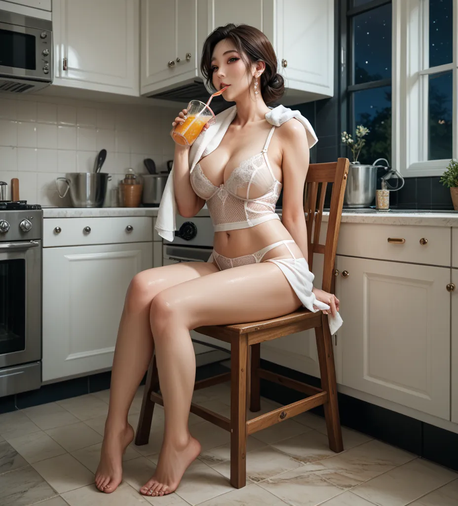 ((Masterpierce ,best quality)) A beauty korean mother ,solo, at night, dark ,wearing white shirt and lingerie,sit on chair in the kitchen , sexy body, nice tits ,full body ,sendals ,drinking ,towel in shoulder