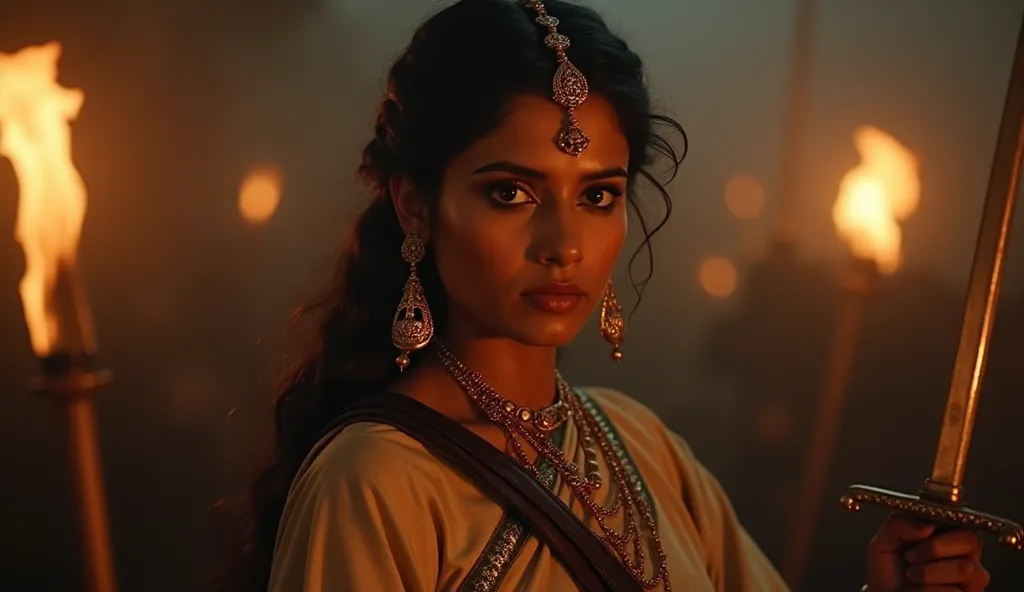 A historical 4K cinematic image of A close-up of Rani Lakshmibai’s determined face, illuminated by the torches around her. Her hands rest on her sword’s hilt, ready for battle.