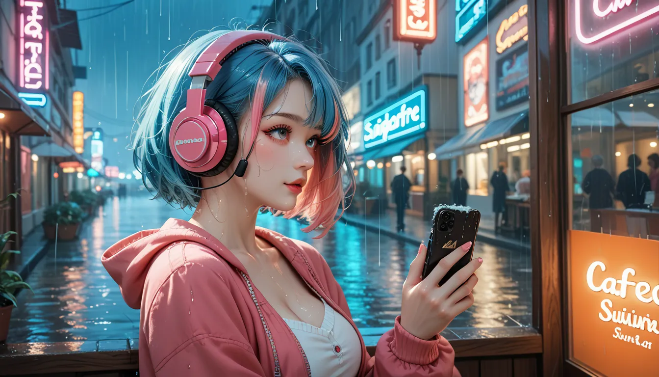 (An Adult women with medium-short blue hair, accented with pink highlights, Very detailed face, beautiful face, perfect face, beautifully detailed face and eyes, fine skin, wearing stylish headphones)(Looking out the window from inside the café)(Holding a ...