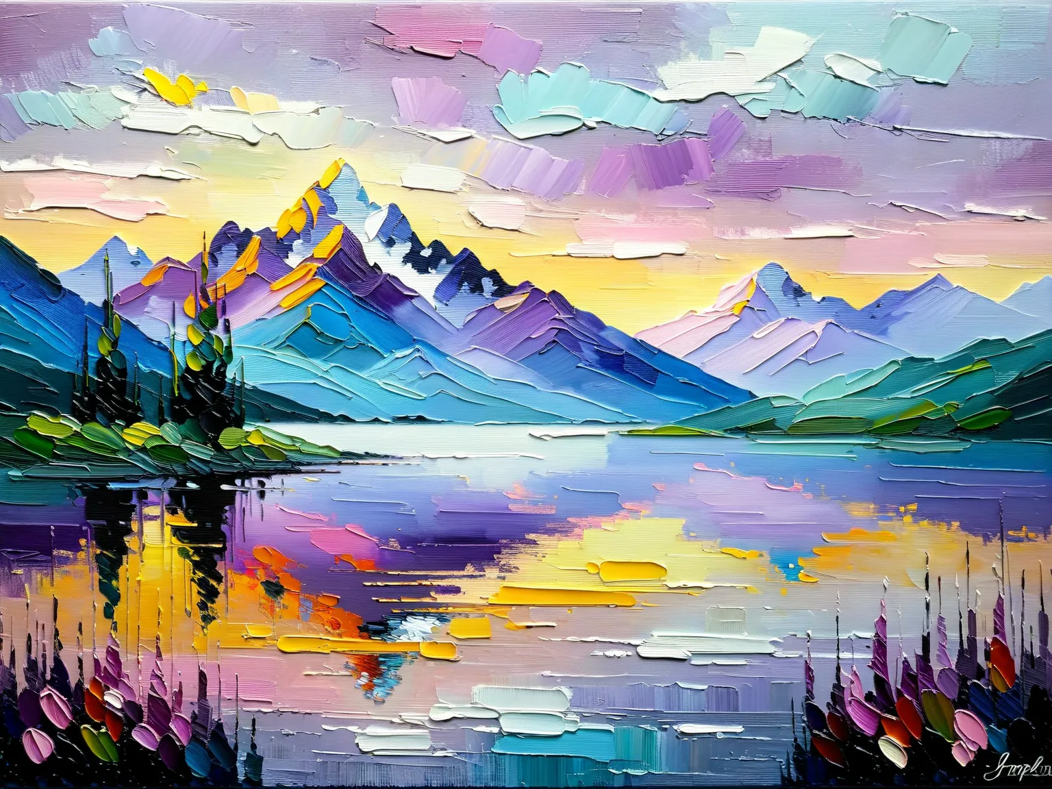 A serene landscape features a tranquil lake mirroring a majestic mountain range bathed in soft pink and purple hues from the sunset. Mist rises from the water's surface, with a lone animal silhouetted near the shore, adding to the peaceful ambiance. Oil pa...