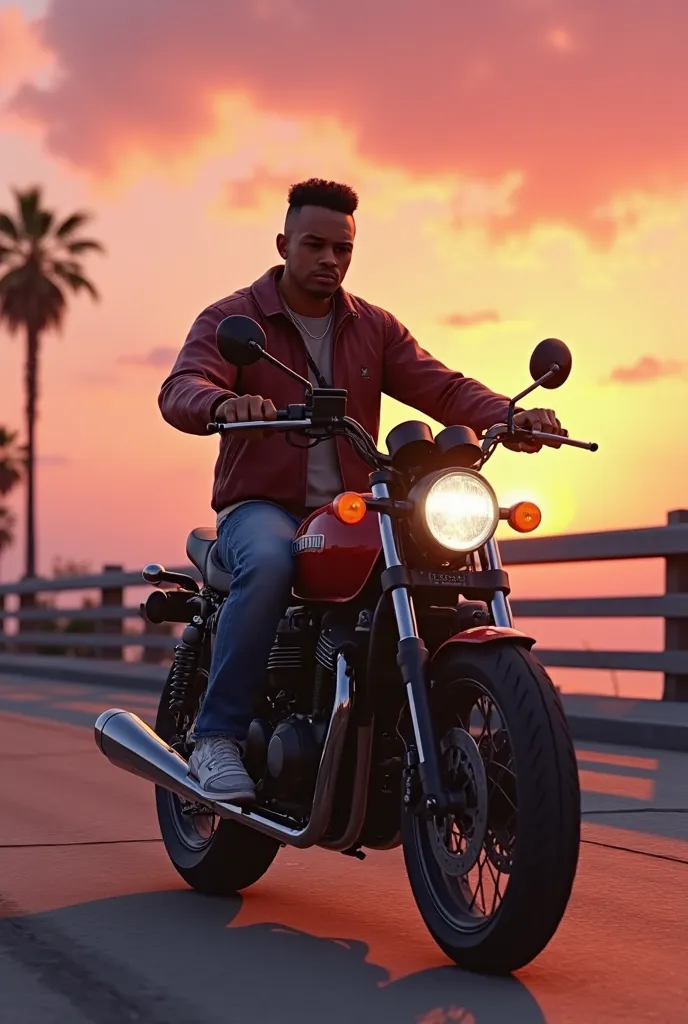 in the style of GTA V visuals, Michael Gustavius Payne'den ilham alan bir 3D render, tumblr,  conceptual art , Drake , style of gta v, neymar in gta v, Grand Theft Auto 6 style, There is a man riding a motorcycle on a bridge at sunset, GTA5 style, gta v st...