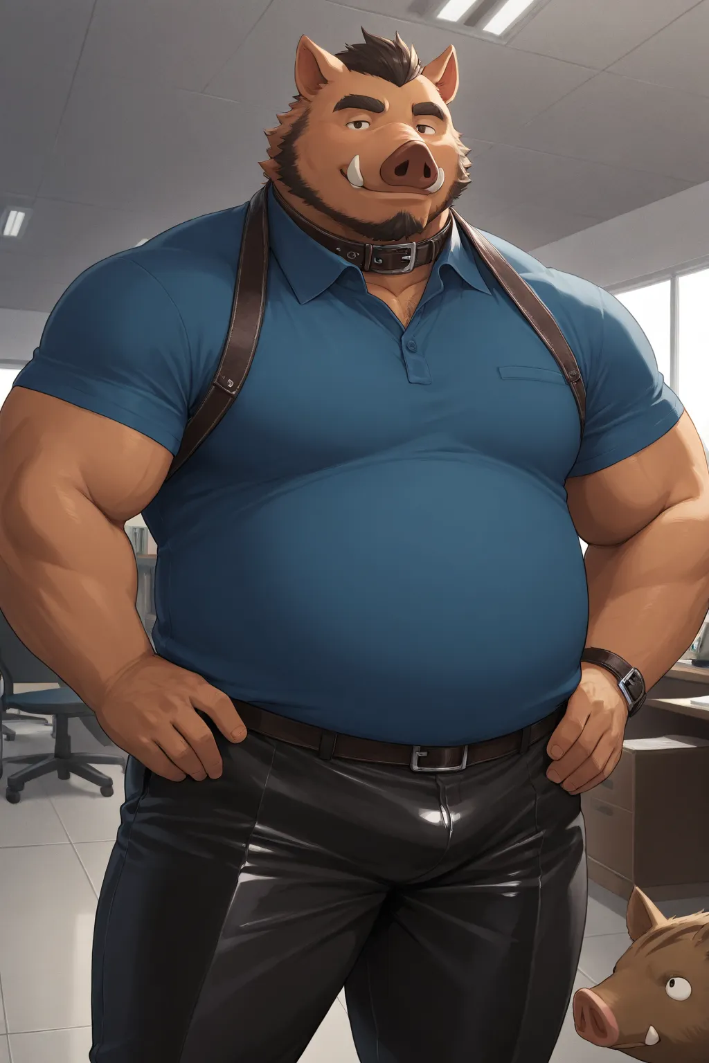 high quality, detailed, Boar, broad shoulders, mature male, chubby, anthro, bottom heavy, half lidded eyes, smiling, looking at viewer, blue collared polo shirt, black pants, high quality, indoors, office, wearing a leather collar around his neck, glossy l...