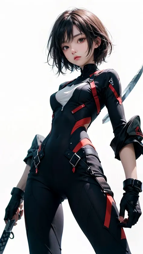 alone,Pursuit of Cool Women\( sharp eyes,short hair,  black hair, weapons, standing, Dignified posture,is looking for viewers\),from below,simple background, minimalism(((masterpiece,best quality, Ultra Details ))),