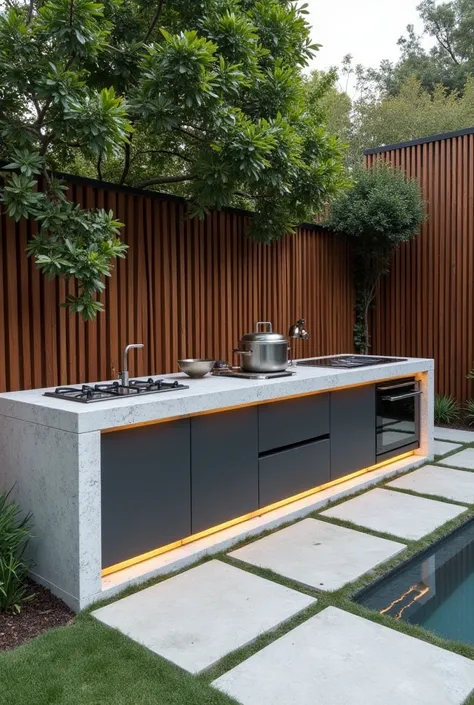 Gray marble countertop for the garden, two squared pieces, supported by dark wooden sleepers, without cover. At one end of the countertop place a body of gas burners for cooking; and at the other end, a barbecue. There are no furniture or doors under the c...