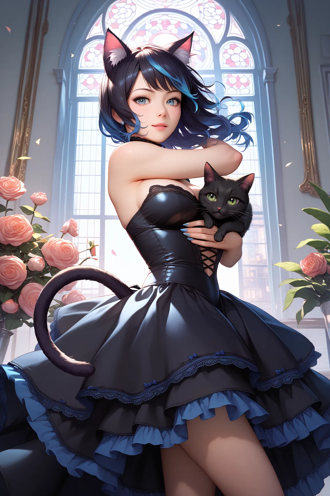 (masterpiece, best quality, highly detailed, anime style), 1girl, black cat girl, (strong emphasis on holding the cat, tightly holding cat, firmly holding cat:1.2), large fluffy black cat, hugging black cat, black cat tail, black fluffy furred cat ears, on...