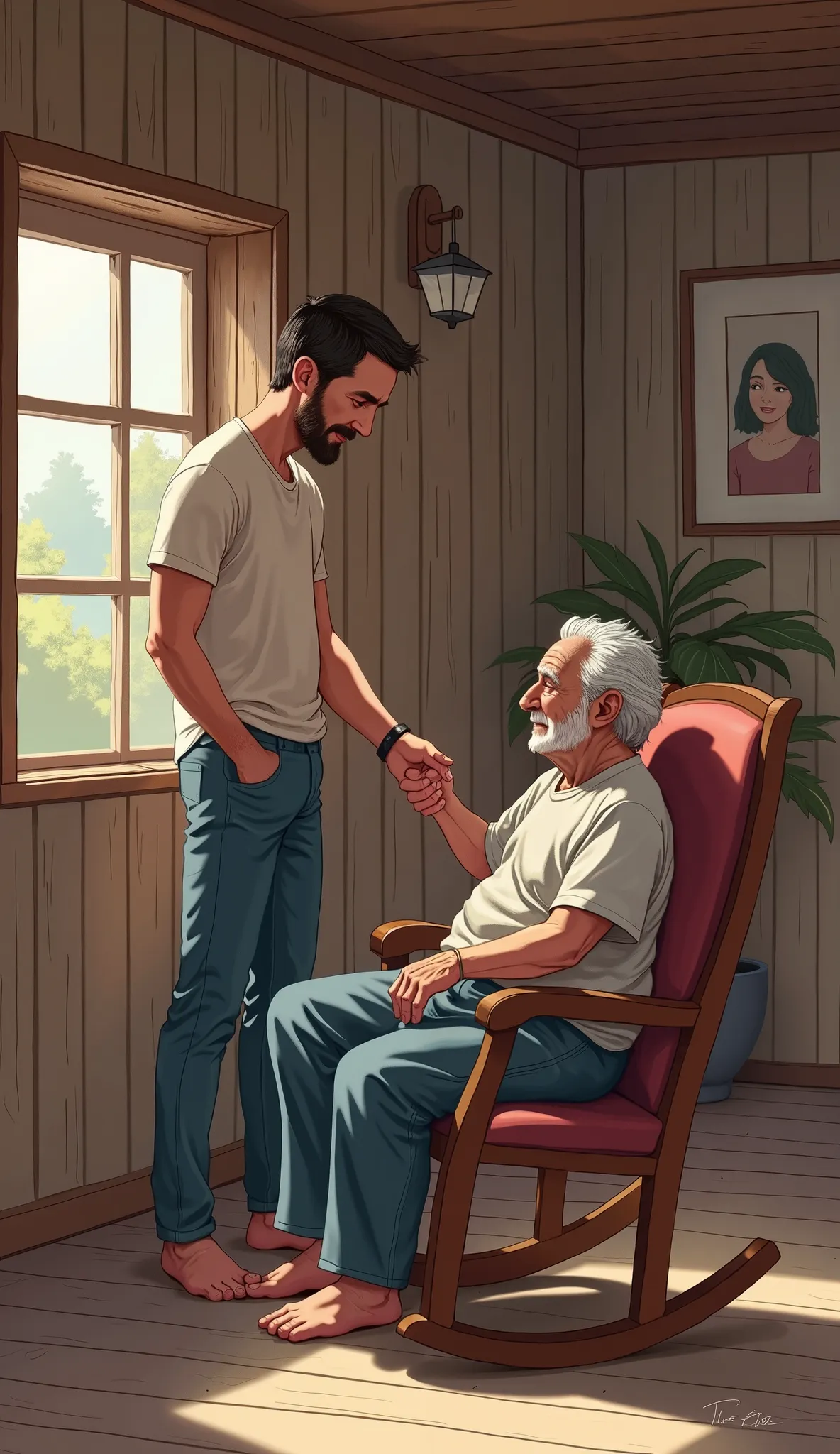 Create very high quality image, I&#39;m 8k, Style drawing style , gta: a 25-year-old man in blue pants, stripped look white shirt, holding his father's hand ,  An 80-year-old man , old man, Sit him in a rocking chair, with a gentle smile, looking at him, i...