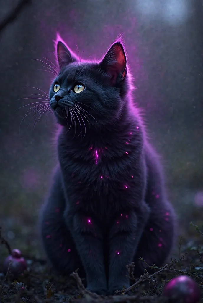 night, A black cat with an evil dark energy, The cat, That cat has purple patterns all over his body, The dark aura is close to black and purple and surrounds him, You can also see a dark purple orb nearby that emits a dark aura.