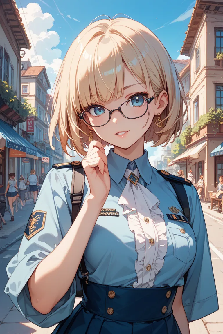 girls、bob cut the blue cloth、uniform、glasses