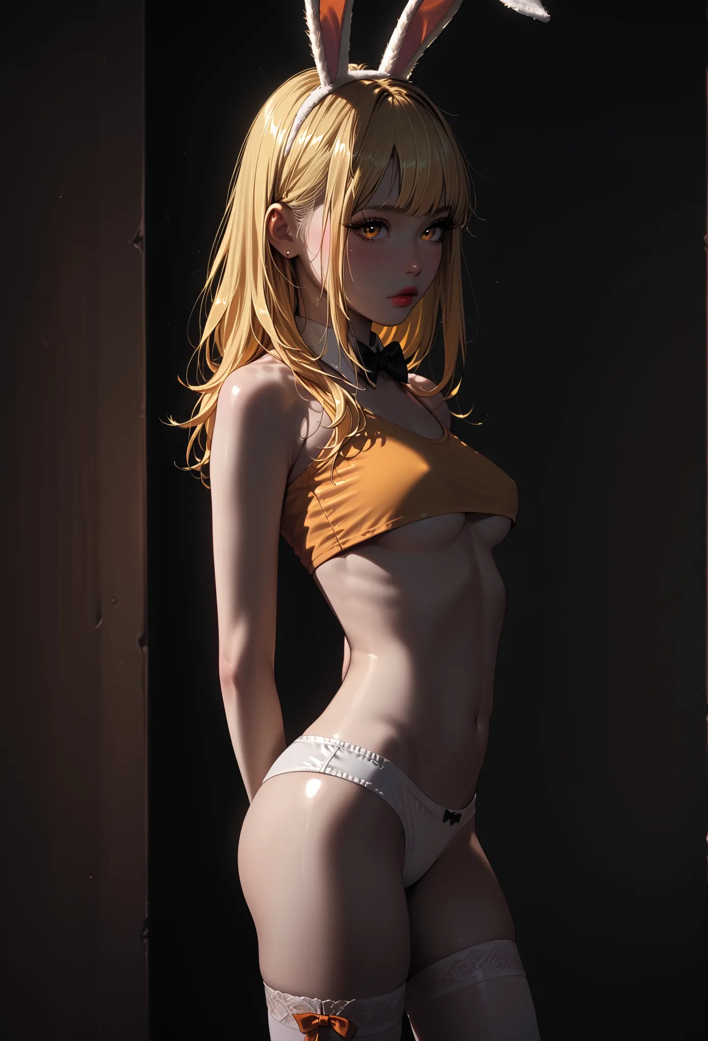 korean girl, ((yellow hair)), ((orange eyes)), tight yellow crop top, underboob, white panties, bunny ears, sexy, submissive, orange background, perfect breasts, heavy blushing, arms behind back, thigh highs, young, slender, standing, shiny skin, 
